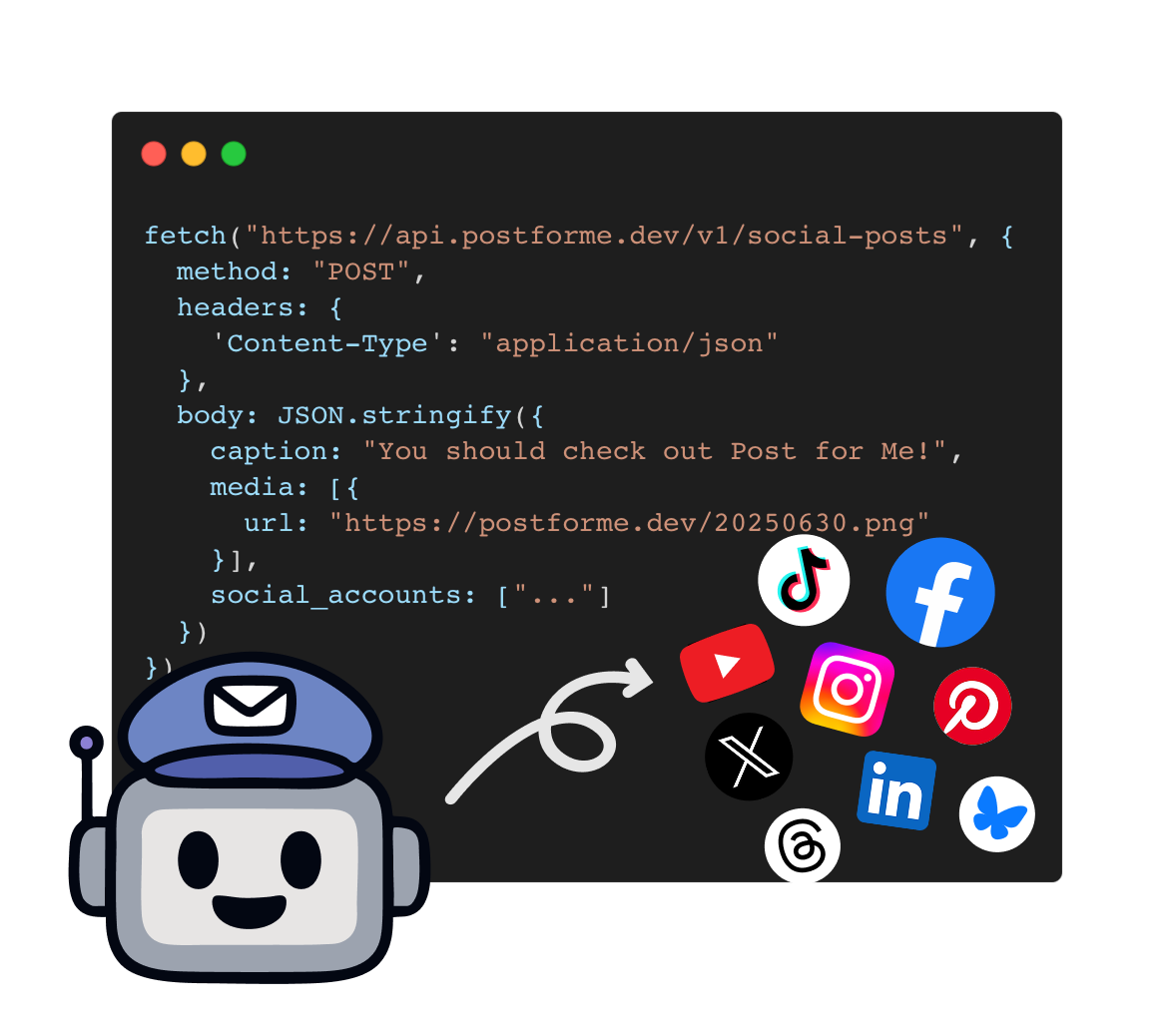 Use a single API to post to TikTok, Facebook, Instagram, YouTube, X (Twitter), LinkedIn, Pinterest, Threads, and Bluesky